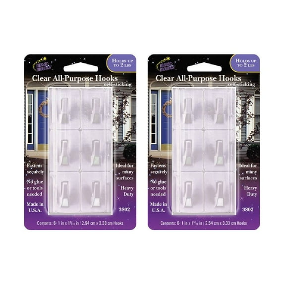 Magic Mounts All Purpose Hooks Adhesive Heavy Duty 6 Count Clear, 2-Pack