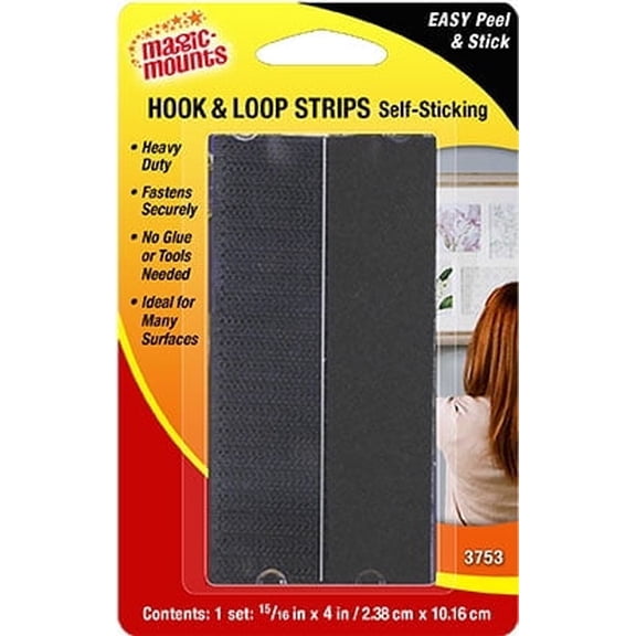 Magic Mounts Hook & Loop Strips Self-Sticking 15/16" x 4"  Black   2 packs