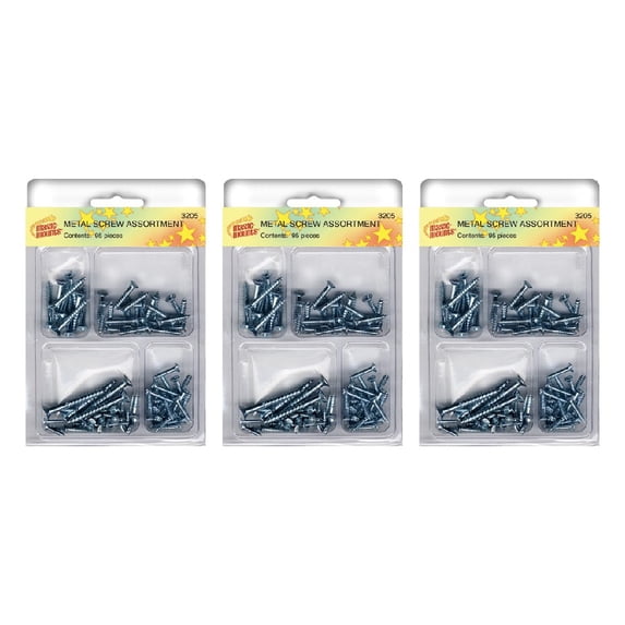 Magic Mounts Metal Screw Assortment 95 Pieces Assorted Sizes wIth Clamshell Storage, 3-Pack