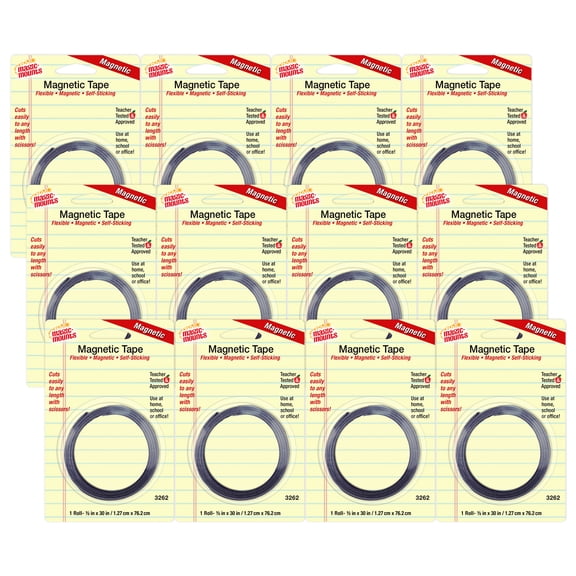 Magic-Mounts Self-Sticking Magnetic Tape Roll, 1/2" x 30", Pack of 12