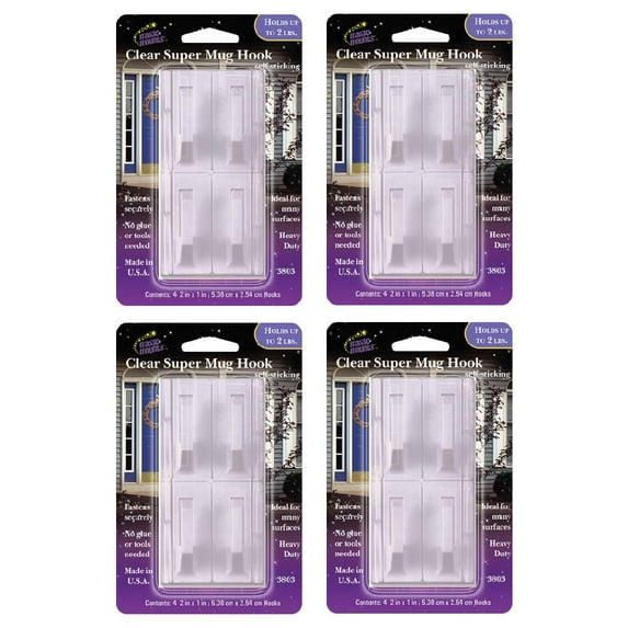 Magic Mounts Super Mug Hooks 3803 Heavy Duty Self Stick Adhesive Clear 4 Count, 4 Packs