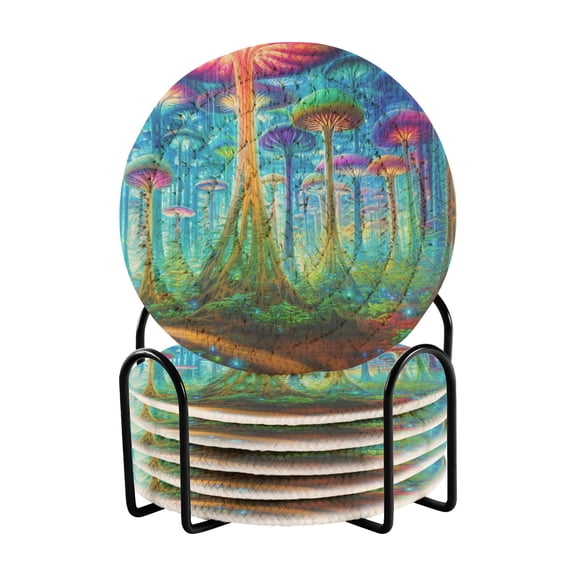 Magic Mushroom Forest Drink Coasters with Holder Absorbent Coaster for Coffee Table Room Decor 6 Pack