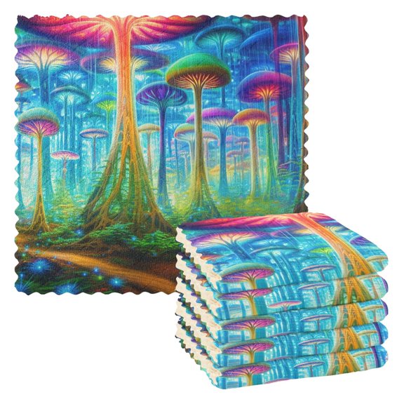 Magic Mushroom Forest Kitchen Cloth Dish Towels for Drying Washing Absorbent Dish Rags 6 Pack