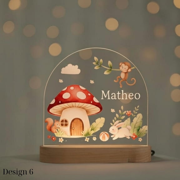 Magic Mushroom Forest Name Night Light, Flat 2D Acrylic Printed, Woodland Nursery Decor, Gift For Toddler