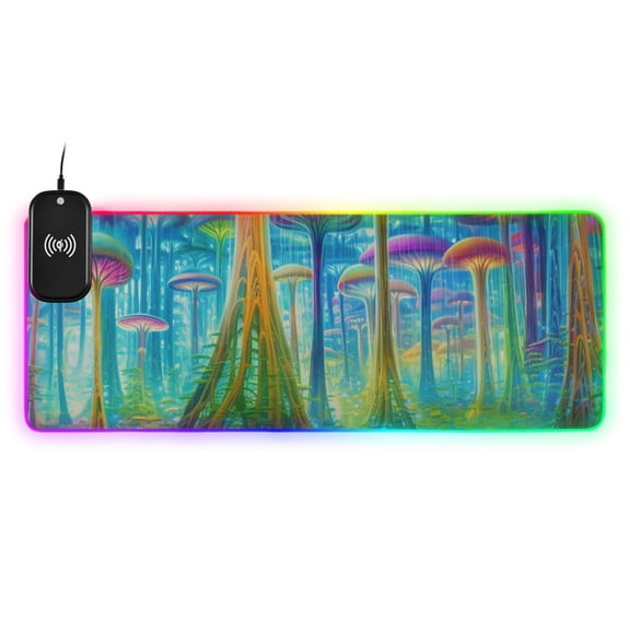 Magic Mushroom Forest Wireless Charging RGB Gaming Mouse Pad Large Keyboard Mat Rubber Base 13 Light Modes