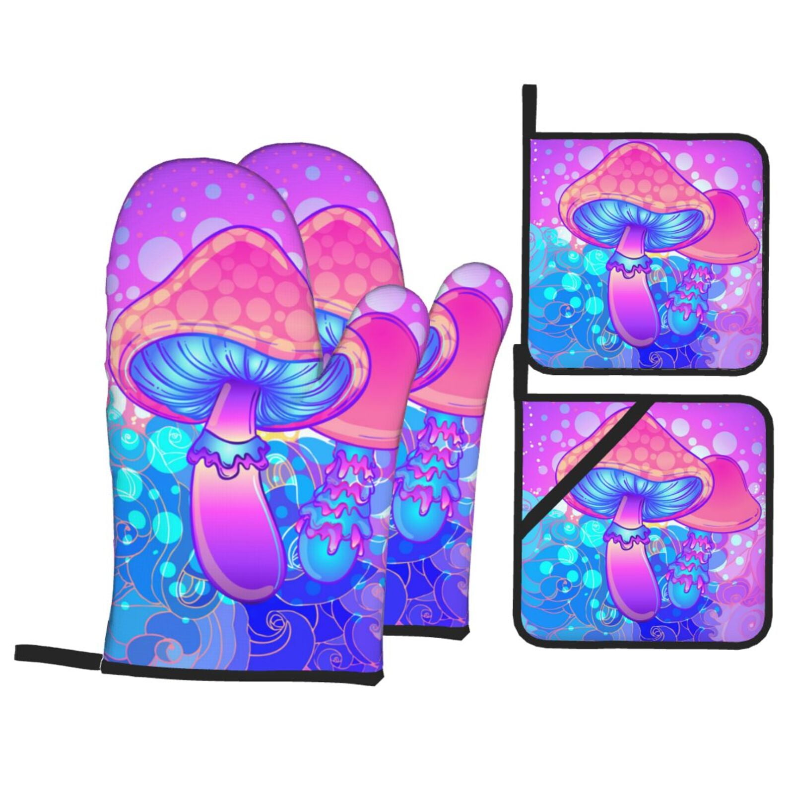 Magic Mushroom Geometry Psychedelic 4Pcs Oven Mitts and Pot Holders Sets Oven Kitchen Gloves Hot Pads for Cooking BBQ Baking Grilling