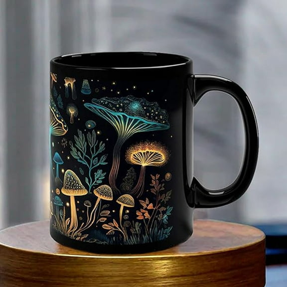 Magic Mushroom Mug Mushroom Cup 11.8 fl oz, Ceramics Mushroom Mug, Luminous Green Black Mushroom Coffee Mug, Novelty Coffee Mugs, Gifts for Mushroom Lovers