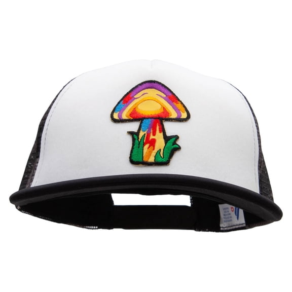 Magic Mushroom Patched Flat Bill Foam Camo Mesh Trucker Cap - White City OSFM