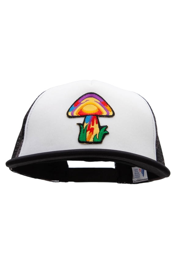 Magic Mushroom Patched Flat Bill Foam Camo Mesh Trucker Cap - White City OSFM