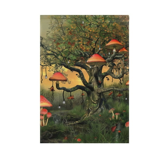Magic Mushroom on Tree Garden Flag House Banner 12" x 18" Double Sided Outdoor Yard Decoration
