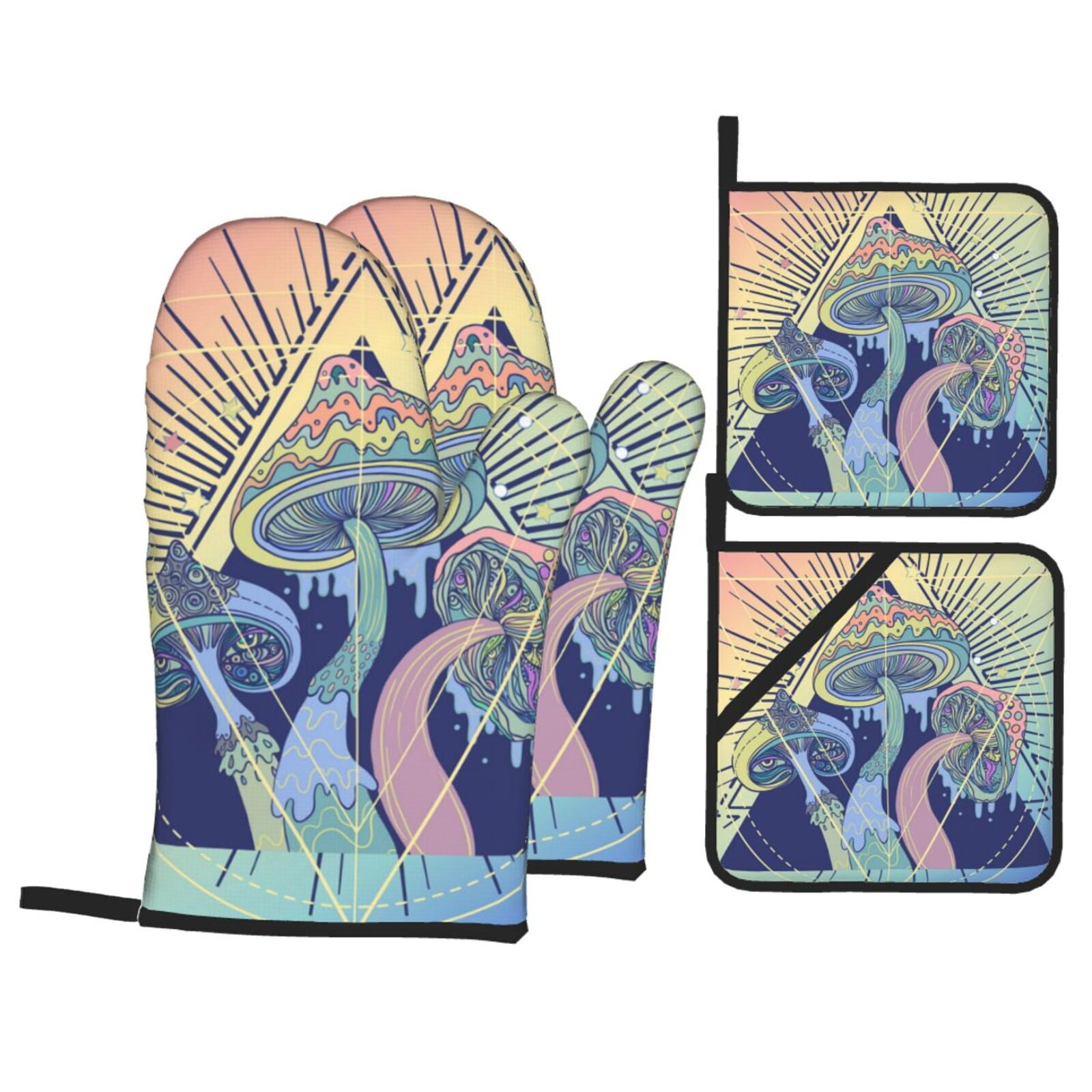 Magic Mushrooms Geometry Psychedelic 4Pcs Oven Mitts and Pot Holders Sets Oven Kitchen Gloves Hot Pads for Cooking BBQ Baking Grilling