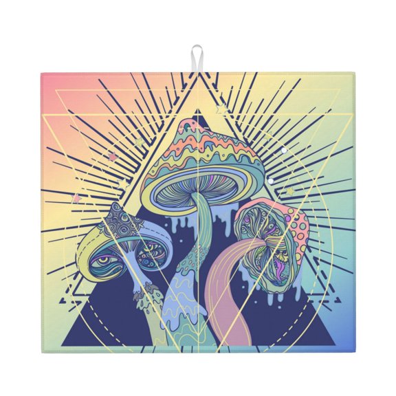 Magic Mushrooms Geometry Psychedelic Kitchen Drying Mat 18x16 Inch Ultra Absorbent Countertop Mat Foldable with Hanging Loop