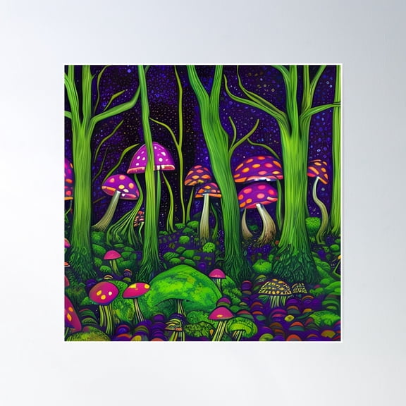 Magic Mushrooms In The Forest Poster Wall Art, Modern Wall Decor, 12x18 UNFRAMED