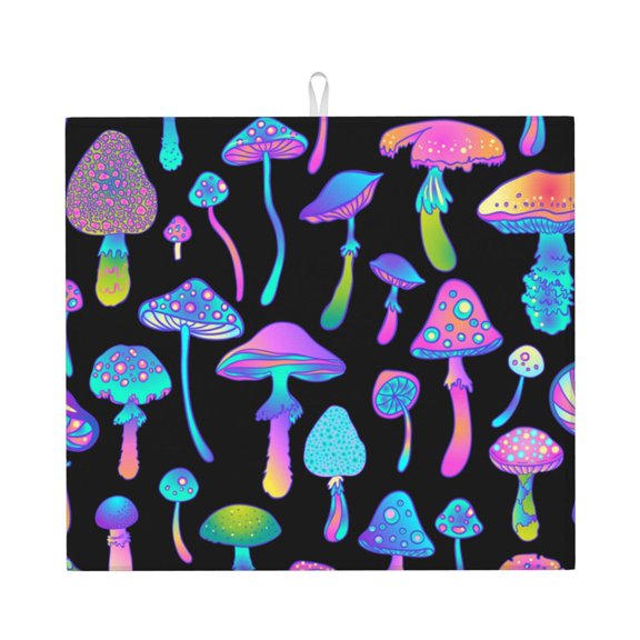 Magic Mushrooms Psychedelic Kitchen Drying Mat 18x16 Inch Ultra Absorbent Countertop Mat Foldable with Hanging Loop