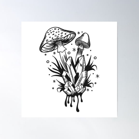 Magic Mushrooms With Crystals And Stars Poster Wall Art, Modern Wall Decor For Living Room Bedroom, 16x16 UNFRAMED
