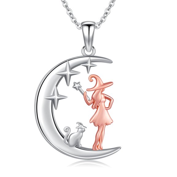 Magic Necklace for Women Sterling Silver Cat Witch Pendant Moon and Star Witch Necklace Witch Jewelry Gifts for Halloween