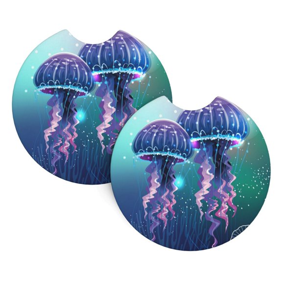 Magic Neon Light Jellyfish Car Cup Holder Pad 2-Pack Neoprene Coasters for Auto Interior Waterproof Universal Fit for Most Vehicles