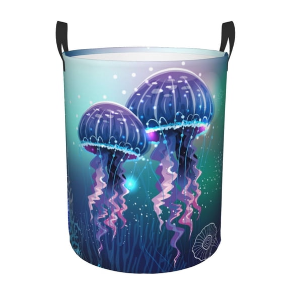 Magic Neon Light Jellyfish Foldable Laundry Hamper with Handle Storage Basket for Clothes Toys & Organizing