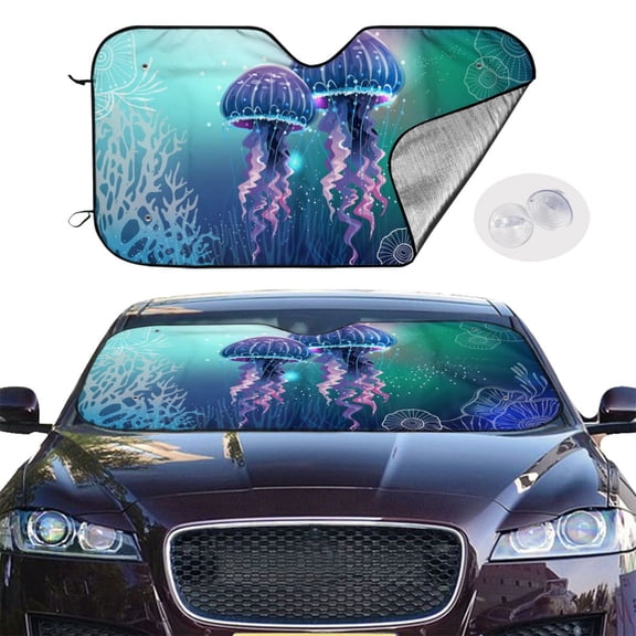 Magic Neon Light Jellyfish Windshield Sunshade Sun Shade Front Window Car Sun Visor Protector for Truck SUV Blocks UV Ray,Large