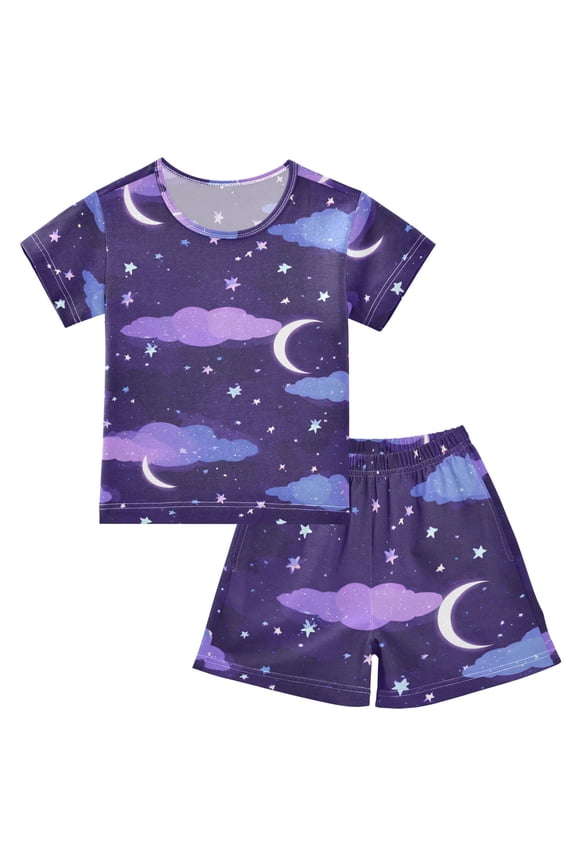 Magic Night Clouds Summer Pajama Set Soft Cotton Short Sleeve Sleepwear 2PCS Pajama Sets Breathable Lounge Set Size 6Y