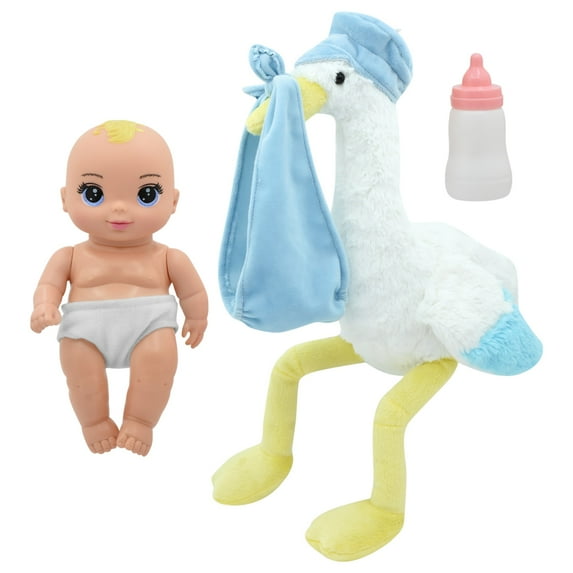 Magic Nursery: 8" Special Delivery Set - Blue - Posable Newborn Baby Doll, Large Plush Stork, Bottle, Hard Body, New Adventures, Toddler & Kids Age 2+
