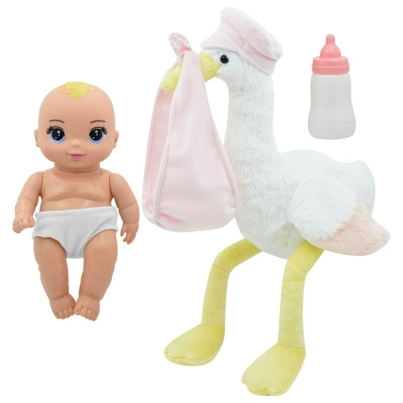 Magic Nursery: 8" Special Delivery Set - Pink - Posable Newborn Baby Doll, Large Plush Stork, Bottle, Hard Body, New Adventures, Toddler & Kids Age 2+