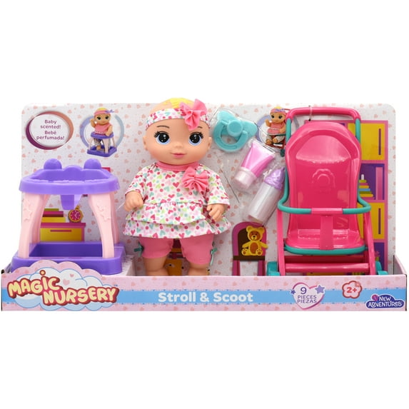 Magic Nursery, Stroll n Scoot, 8 in Plastic Doll Playset, 9 Pieces