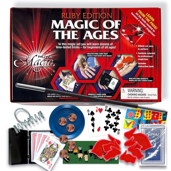 Ruby Edition Magic Kit for Kids Age 8-12 with Card Magic, Coin Tricks, Puzzles and Mental Effects, Includes Royal Deck and 125 Tricks with Cards Book, Beginner Friendly Magician Set for Family Shows
