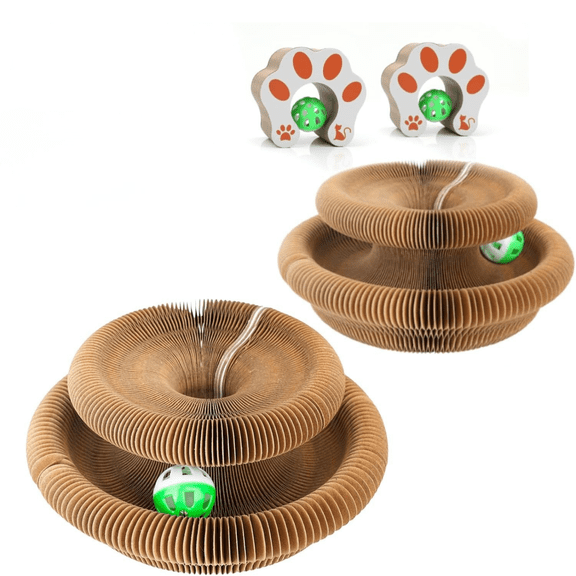 Magic Organ Cat Scratcher Board Toy with Bell Ball and Catnip - Longer, Stretchier Accordion Cardboard Scratching Pad with 4 Strong Magnets - Interactive Fun and Enrichment for Indoor Cats,2PCS