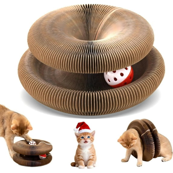 Magic Organ Cat Scratching Board with Bell-Ball, Durable Foldable & Reversible Infinity Style Interactive Kitty Kurlz Cat Scratcher for Indoor Cats Toy, Furniture Protector, Kitten Cats Accordion Toy
