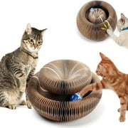Magic Organ Cat Scratching Board with a Toy Bell Ball, Foldable Cat Claw Grinding Board and Recyclable Round Cardboard Cat Scratcher Pad Toy for Kitty
