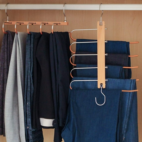 Magic Pants Hangers - 5 Layer Space Saving Closet Hangers for Trousers, Jeans, and More - Multi Functional Pants Rack - Durable Beech Wood and Stainless Steel Construction -