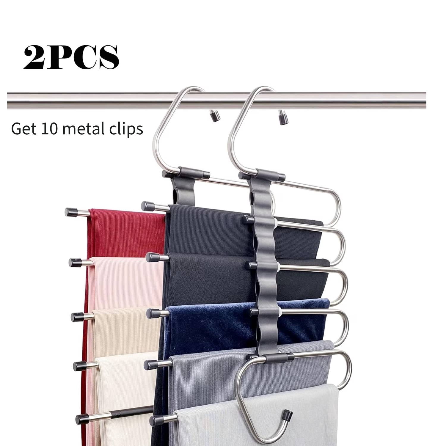 ofefe Space Saving Pants Hangers 2 Pack with 10 Metal Clips, Non-Slip Multi-Layer Hanger for Closet Organizer for Jeans Skirts Scarves Leggings Black