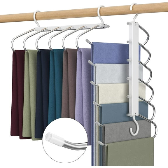 Magic Pants Hangers Space Saving - 6 Tier Stainless Steel Multi Hangers in One for Hanging Pants, Jeans,Trouser - No Slip Vertical Collapsible for Closet Organizer Saver for Men Women, 2 Pack