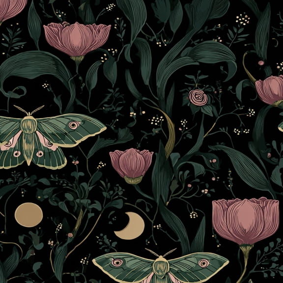 Magic Peel and Stick Wallpaper Green Moths Pink Tulips Dark Botanical Crescent Wall Mural 17.7in x 9.8ft Self Adhesive Removable Wall Paper Renter Friendly Wallpaper for Bedroom Kitchen Livingroom