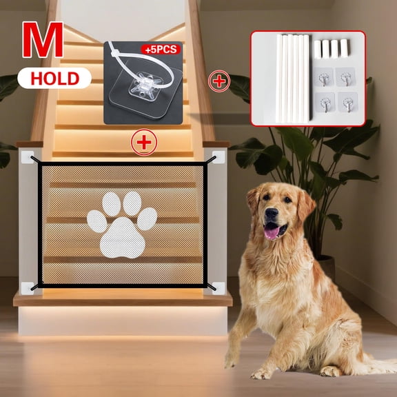 Magic Pet Gate for Dogs & Cats, Portable Mesh Safety Barrier for Stairs & Doorways, No Drilling Indoor Mesh Dog Gate Safety Guard with 5 Adhesive Hooks for House Hallway