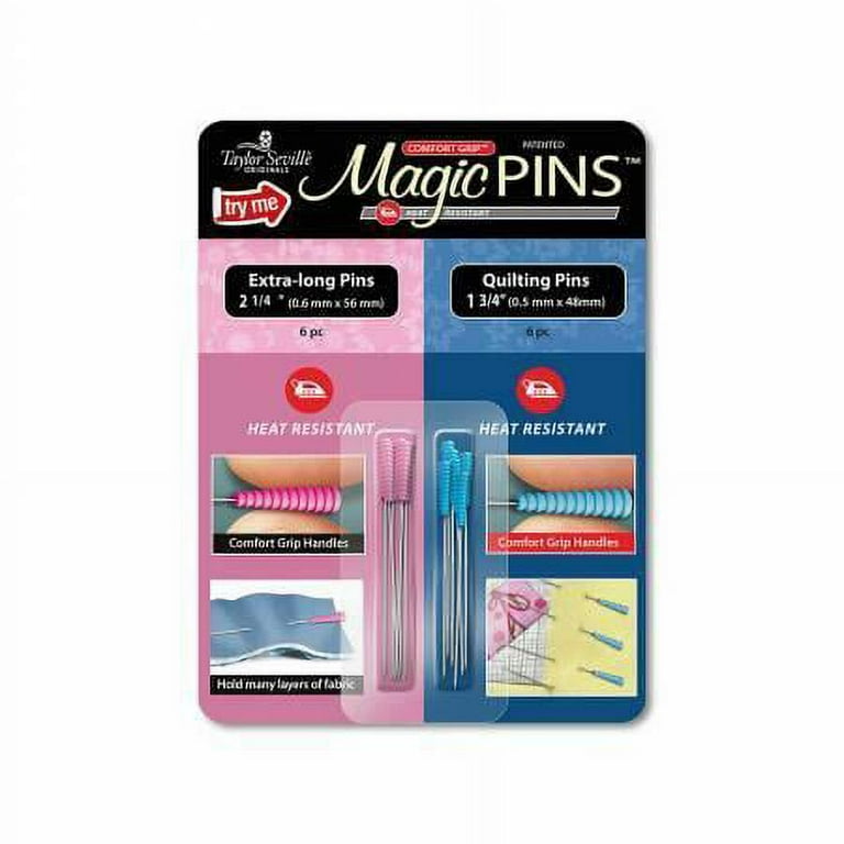 Magic Pins Sample Card Contains 6 each of 2 styles of Magic Pins, the  2-1/4in Extra long Quilting pins and the 1-3/4in Quilting Pins. 