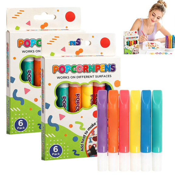 Magic Popcorns Pens 3D Puffy Drawing Kit | Bubble Art Markers for Crafts,Heat to Form Popcorn‑Style 3D Puffy Texture,6 Vivid Shades for Kids Art Projects & Back‑to‑School Gifts 2PCS