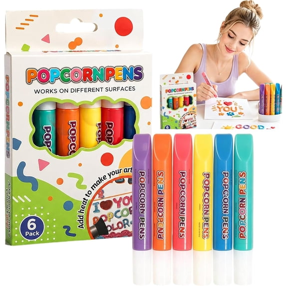Magic Popcorns Pens 3D Puffy Drawing Kit, Bubble Art Markers for Crafts | Magic Popcorns Pens, Create Raised 3D Puffy With Bubble Pens, Includes 6 Vibrant Colors, Dries With Fun Texture