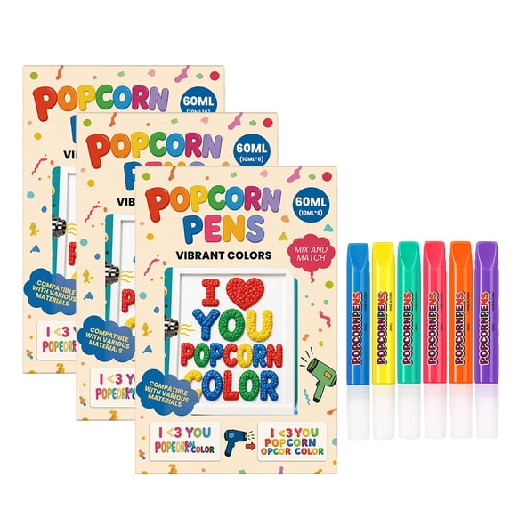 Magic Popcorns Pens | Create Raised 3D Puffy With Bubble Pens, Includes 6 Vibrant Colors, Dries With Fun Texture, Great For Crafts School Projects, 3Pcs