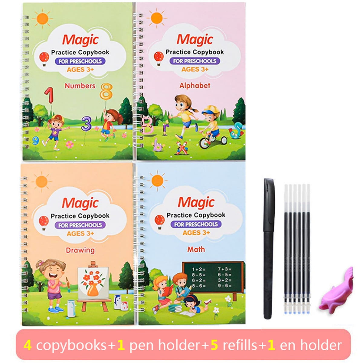 Magic Practice Copybook for Kids, Reusable Writing Practice Book for Kids, Reusable Copybook Preschool for Kids Age 3-8 Calligraphy(5 Books with pens)