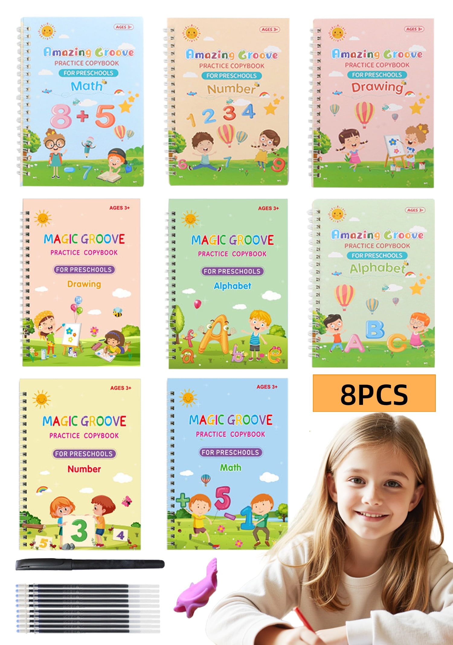 WLGJL Magic Practice Copybook, Reusable Writing Practice Book, Calligraphy 8.66in x 6.54in, 8 Books with Pens