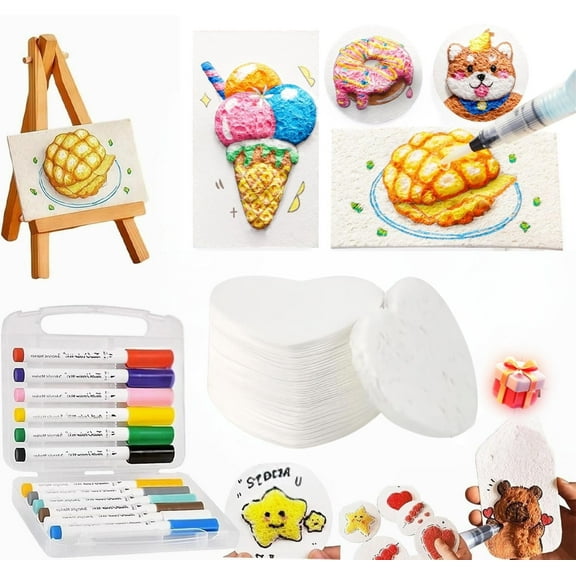 Magic Puffy Paint Art,3D Drawing Magic Canvas Sponge,Puffy Popcorn Magics Foam Texture Painting Kit with 10 Foam Paint Paper and 12 Markers,DIY Bubble Drawing Pens for Painting,Art(heart)