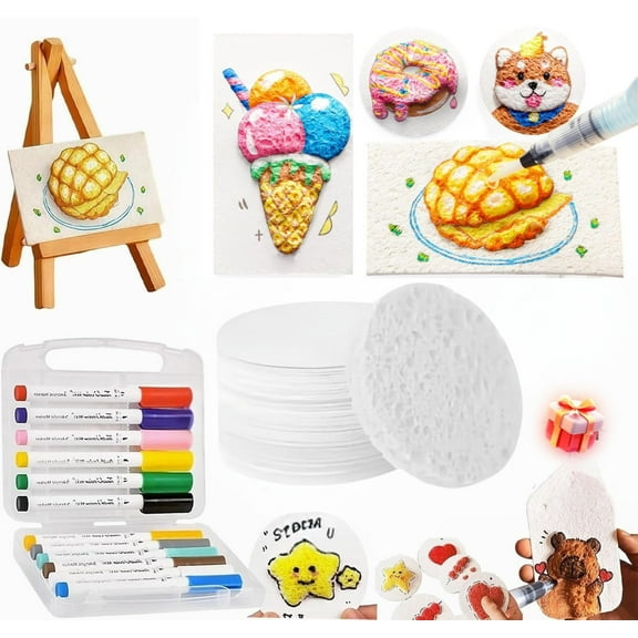 Magic Puffy Paint Art,3D Drawing Magic Canvas Sponge,Puffy Popcorn Magics Foam Texture Painting Kit with 10 Foam Paint Paper and 12 Markers,DIY Bubble Drawing Pens (Round)