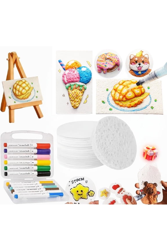 Magic Puffy Paint Art,3D Drawing Magic Canvas Sponge,Puffy Popcorn Magics Foam Texture Painting Kit with 10 Foam Paint Paper and 12 Markers,DIY Bubble Drawing Pens (Round)