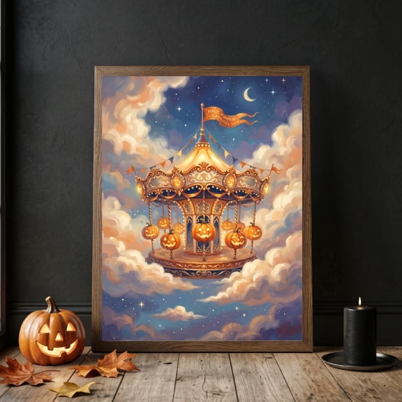 Magic Pumpkin Carousel Wall Art Print Halloween Carnival Decor