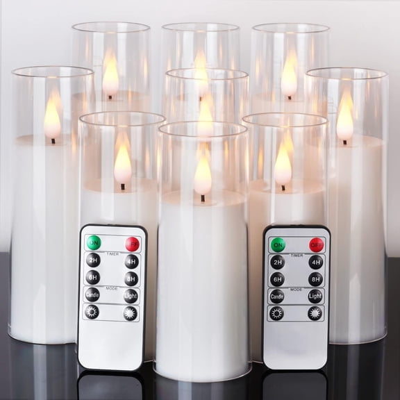 Magic Pure White Flameless Candles, Battery Operated Candles, Acrylic Flickering LED Pillar Candles with Remote Control and Timer, 3D Wick, Yellow and Blue Glow, D2.2 xH5.5 6.5" 7.5", Set of 9