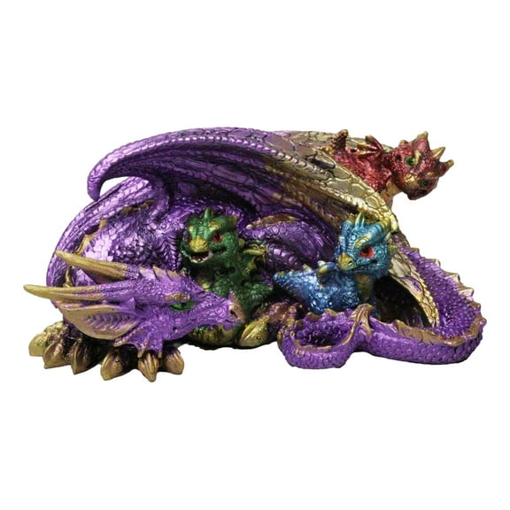 Magic Purple Mother Dragon Protecting Her Colorful Hatchling Babies Figurine