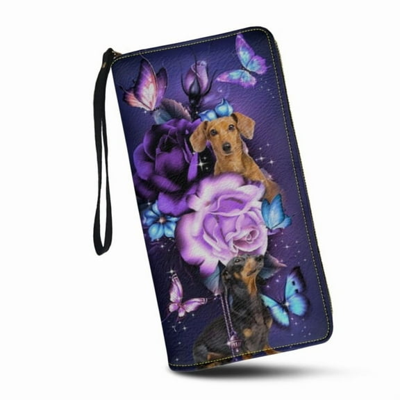 Magic Purple Rose Dog Floral Print Around Zipper Wristlet Wallet for Womens RFID Blocking Purse Card Holder Clutch Bag