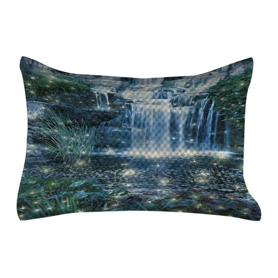 Magic Quilted Pillowcover, and Cascade at the Night on the Water Fresh Landscape Image Print, Standard King Size Accent Pillow Cover for Bedroom, 36" x 20", Grey Green, by Ambesonne